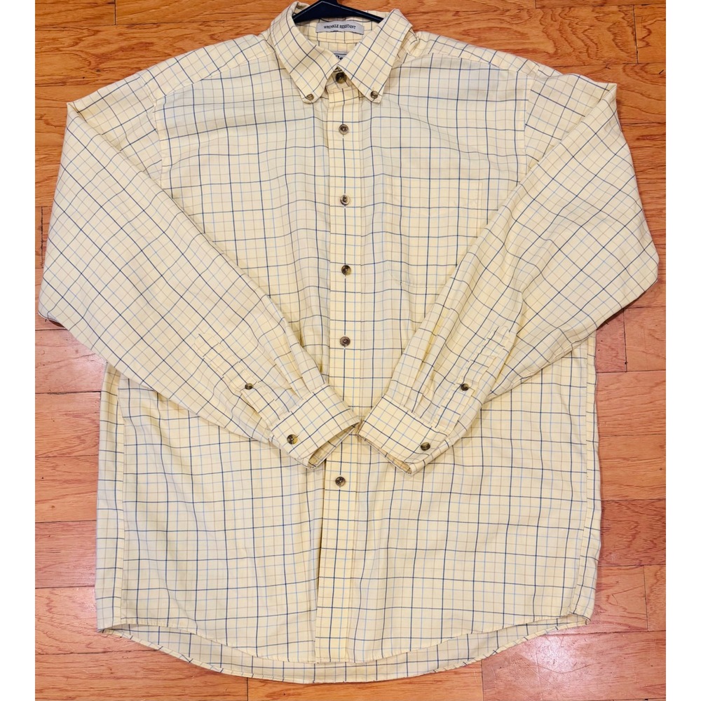 L.L. Bean Men Large Reg Yellow Plaid Wrinkle Resistant Button Shirt 269337 LS